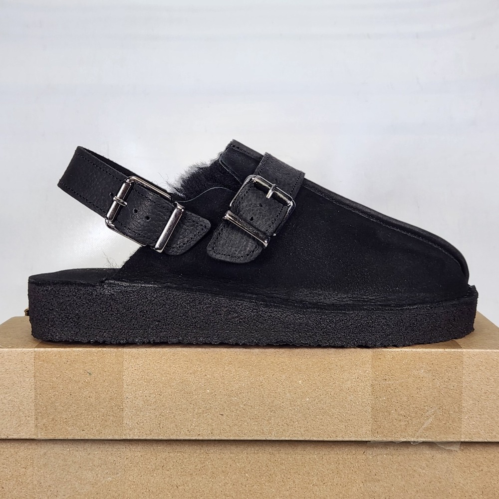 Clarks Trek Mule Sling Women Size 7.5 Black Suede Shearling Lined Sandals